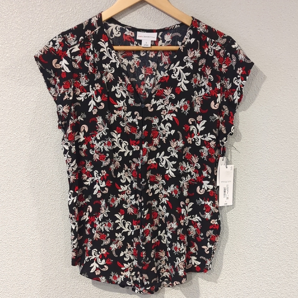 Liz Claiborne Black and Red Floral Blouse Size Small